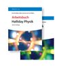 "Arbeitsbuch Halliday Physik, Vierte Auflage." Bunte, leuchtende Linien und Lichtkreise auf dunklem Hintergrund.