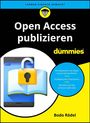 „Open Access publizieren für dummies“. Illustration: Buch mit Schloss auf Smartphone, gelber Hintergrund, Name: Bodo Rödel.