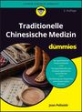 Traditionelle Chinesische Medizin für Dummies. Modellbeine mit Akupunkturpunkten, Nadeln und chinesische Schriftrollen.