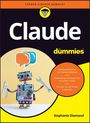 "Claude für Dummies." Roboter aus Technikteilen mit Werkzeugen. Enthält kreisförmigen Text über Claude's Besonderheiten und KI-System.
