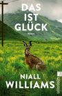 „Das ist Glück, Roman, Niall Williams“. Ein Hase auf einer Wiese vor grünen Bergen, links ein Strommast.