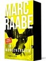 Buchtitel: "Im Morgengrauen" von Marc Raabe, Thriller. Cover mit Eule vor gelbem Hintergrund, Wald im Hintergrund.