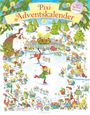 "Pixi Adventskalender" oben, "mit 24 Pixi-Büchern" rechts. Illustration mit Tieren, Winterlandschaft, Adventskranz.