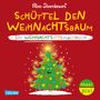 Auf rotem Hintergrund strahlt ein festlicher Weihnachtsbaum mit bunten Kugeln und Kerzen. Der Baum wirkt fröhlich.