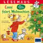 "Conni feiert Weihnachten" mit Adventskalender, von Liane Schneider, Illustration: Conni schmückt Baum, Katze daneben.
