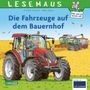 "LESMAUS", "Die Fahrzeuge auf dem Bauernhof", Illustration: Ein roter Traktor im Feld mit Menschen und Erntemaschinen.