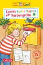 „Connis kunterbunte Kartengrüße“ steht oben. Illustration: Ein Kind steckt eine Karte in einen Briefkasten.