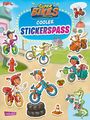 "Super Bikes: Cooler Stickerspaß" steht über farbenfrohen Fahrradszenen mit fröhlichen Kindern und einem grünen Krokodil.