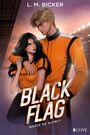 "L.M. Bicker, Mercer, Black Flag, Wreck Me Slowly. Illustration mit Mann und Frau in orange-schwarzen Outfits im Stadion."