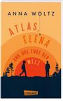 "Atlas, Elena und das Ende der Welt" oben. Silhouetten von zwei Personen, Bäume, Haus, orange-gelbes Design. Carlsen-Logo unten.