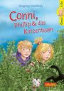 „Conni, Phillip & das Katzenteam“ von Dagmar Hoßfeld. Zwei Kinder und zwei Katzen in grünen Büschen, ein rundes Conni-Logo.