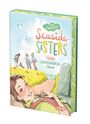 „Seaside Sisters: Fridas Wolkenwunschtraum“ auf Pastellbuchcover mit Mädchen in Wiese, Meer und Freundinnen im Hintergrund.