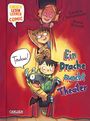 Text: "Ein Drache macht Theater", "Tadaa!", "Einfach Lesen Lernen Comic". Drei Kinder und ein Drache hinter einem Vorhang.