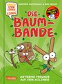 "Die Baumbande" Comic-Cover: Fröhliche, animierte Äste mit Augen und Mund auf grünem Hintergrund.