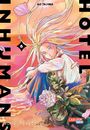 AO TAJIMA. "HOTEL HJUMANS". Blonde Person am Strand, Blumen neben sich. Orange-pinker Himmel. Carlsen Manga Logo.