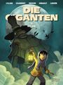 Titel: DIE GIGANTEN 11 ESHANI. Illustration: Riesige Gestalt mit Hut und Kind mit Laterne vor Mond, umgeben von Fledermäusen.