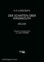 Text: "H. P. Lovecrafts Der Schatten über Innsmouth Deluxe. Adaptiert und gezeichnet von Gou Tanabe."  
Schwarzer Hintergrund, weißer Text.