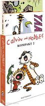 Illustration eines Buchcovers. "Calvin und Hobbes Kompakt 2". Calvin und Hobbes lachen laut. Comic-Stil.