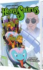 "Heavy Saurs", "Gefangen im Crazyland", Comic-Dinos in einer Achterbahn, fröhlich, bunter Stil, schwebender Mann im Anzug.