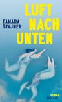 Text: „LUFT NACH UNTEN“, „TAMARA ŠTAJNER“, „ROMAN ZSOLNAY“. Zwei Frauen schwimmen in klarem Wasser.