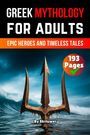 "Greek Mythology for Adults", "Epic Heroes and Timeless Tales", "193 Pages". Trident aus dem Wasser ragend, stürmischer Himmel.
