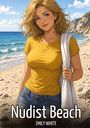 "Nudist Beach. Emily White." Blonde Frau im gelben Shirt, hält ein Handtuch. Hintergrund: Sandstrand und Meer.