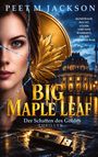 "Big Maple Leaf. Der Schatten des Goldes. Thriller. Kunstraub, Macht, Lügen." Frauengesicht, goldenes Blatt, USB-Stick.