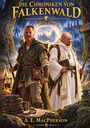 Zwei Männer in mittelalterlicher Kleidung, ein Wald, Bücher mit Titeln wie "Heilen", "Glauben", ein Kompass und ein Schild.