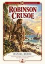 „Schätze der Jugendliteratur: Robinson Crusoe“ von Daniel Defoe. Illustration eines Mannes am Strand mit einem Schiff im Hintergrund.