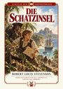„Die Schatzinsel“ steht groß im Zentrum. Zwei Piraten mit Karte, Palmen und ein Schiff im Hintergrund in tropischer Umgebung.