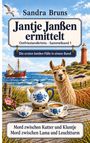 „Jantje Janßen ermittelt“, Krimi von Sandra Bruns; Lama, Leuchtturm, Fischerboot und Tee auf einem Tisch im Freien.