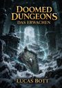 „Doomed Dungeons: Das Erwachen“ von Lucas Bott. Verschneite Ruinen mit einem verzierten, leuchtenden Schild im Vordergrund.
