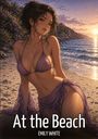 Texte: At the Beach. Emily White.  
Illustration: Frau in lila Bikini am sonnigen Strand.