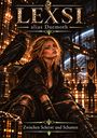 „LEXSI alias Daemoth“, „Zwischen Schrott und Schatten“. Junge Frau, Rabe, futuristische Kulisse mit leuchtenden Lichtern.