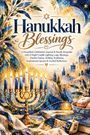 „Hanukkah Blessings“, ein dekorativer Hintergrund mit Menora, Davidstern, Dreidel und Gebäuden in Blau und Gold.