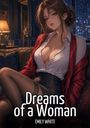 "Dreams of a Woman" und "EMILY WHITE". Illustration einer Frau auf einem Sofa, edel gekleidet in Bluse und Rock, mit Stadtlichtern im Hintergrund.