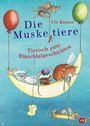 „Die Muskeltiere“ und „Tierisch gute Einschlafgeschichten“. Eine Maus, Ratte und Katze auf einer Mondschaukel mit Ballons.