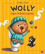 "Wolly kann Würfel kacken." Illustration: Ein freudiger Wombat in Pyjama auf einer Toilette, mit bunten Würfeln und einer Katze.