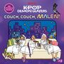 "Das offizielle Malbuch. Couch, Couch, Malen! Illustration: Drei Personen in Bademänteln auf Sofa, essen Nudeln."