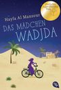 "Das Mädchen Wadjda" von Hayfa Al Mansour. Goldener Preissticker. Silhouette eines Mädchens auf einem Fahrrad in der Wüste.