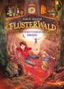 "Flüsterwald - Der Schattenmeister erwacht"; zwei Kinder springen über Lava; Tiere und eine Uhr in Bäumen.