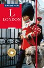 "London", "BAEDEKER". Illustration eines Wachmanns in roter Uniform mit Bärenfellmütze und großem Hund an der Leine.
