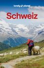 Text: "lonely planet Schweiz". Ein Wanderer in roter Kleidung mit Rucksack steht in den Alpen, umgeben von Schafen.