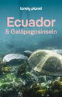 Text: "Ecuador & Galápagosinseln" in rosa. Darunter eine Meeresschildkröte, die durch klares Wasser schwimmt.