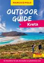 "Outdoor Guide Kreta" weiße Schrift, blauer Himmel, zwei Wanderer schauen auf türkisfarbenes Meer, Inseln im Hintergrund.