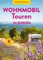 "WOHNMOBIL Touren IN EUROPA. Spontan losfahren, Freiheit & Abenteuer. Wohnmobil umgeben von Lavendelfeldern, Berge im Hintergrund."