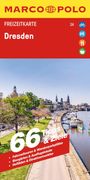"Freizeitkarte Dresden. 66 Tipps & Ziele: Fahrradtouren, Biergärten, Hofläden. Im Hintergrund eine Stadtansicht."