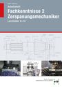"Fachkenntnisse 2 Zerspanungsmechaniker" groß. Technische Zeichnung oben, Fotos von Maschinen und Spänen unten, Logo "HT".