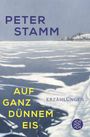 Text: "PETER STAMM", "AUF GANZ DÜNNEM EIS", "ERZÄHLUNGEN". Eine winterliche Landschaft mit Eis und entfernten Bäumen.