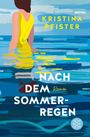 „Kristina Pfister, Nach dem Sommerregen, Roman.“ Illustration: Frau im gelben Kleid, die im Wasser steht, Blautöne.